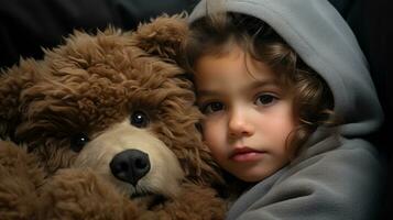 uma pequeno menina é abraçando uma Urso de pelúcia Urso generativo ai foto