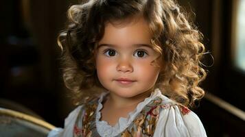 uma pequeno menina com encaracolado cabelo é olhando às a Câmera generativo ai foto