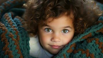 uma pequeno menina com encaracolado cabelo e grande verde olhos generativo ai foto