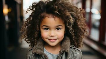 uma pequeno menina com encaracolado cabelo é sorridente generativo ai foto