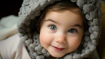 uma pequeno menina com azul olhos é vestindo uma tricotado chapéu generativo ai foto