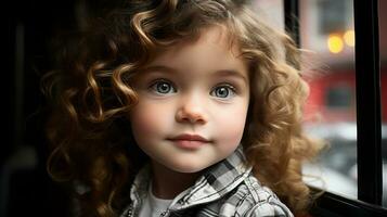 uma pequeno menina com encaracolado cabelo olhando Fora a janela generativo ai foto