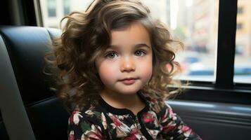 uma pequeno menina com encaracolado cabelo sentado dentro a costas assento do uma carro generativo ai foto