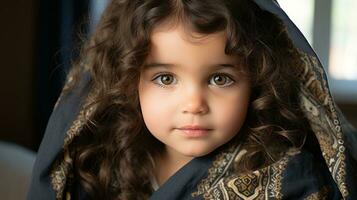 uma pequeno menina com encaracolado cabelo generativo ai foto