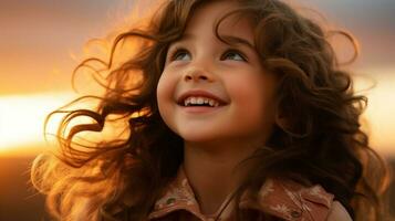 uma pequeno menina com grandes encaracolado cabelo sorrisos às a Câmera generativo ai foto