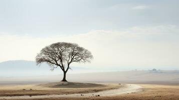 uma solitário árvore dentro a meio do uma campo generativo ai foto