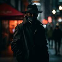 uma homem dentro uma Preto chapéu e casaco em pé em uma cidade rua às noite generativo ai foto