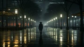 uma homem é caminhando baixa uma Sombrio rua às noite generativo ai foto