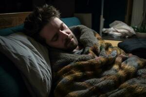 uma homem é embrulhado dentro uma cobertor e dormindo em uma sofá generativo ai foto
