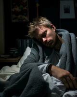 uma homem dormindo dentro cama com uma cobertor embrulhado por aí ele generativo ai foto