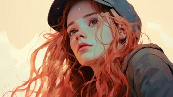 uma pintura do uma menina com grandes vermelho cabelo generativo ai foto