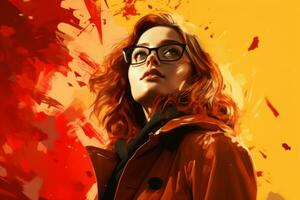 uma pintura do uma mulher com óculos e uma vermelho casaco generativo ai foto