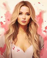 uma pintura do uma mulher com grandes cabelo e Rosa flores generativo ai foto