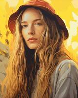 uma pintura do uma mulher com grandes cabelo vestindo uma chapéu generativo ai foto