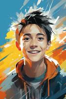 uma pintura do uma jovem Garoto com a laranja e azul fundo generativo ai foto