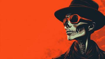 uma esqueleto vestindo uma chapéu e oculos de sol em a laranja fundo generativo ai foto
