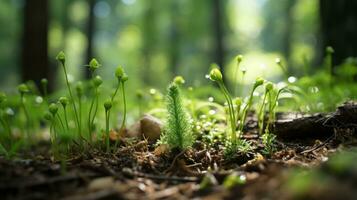 uma pequeno verde plantar crescendo Fora do a terra dentro uma floresta generativo ai foto