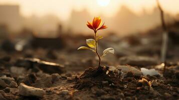 uma pequeno plantar crescendo Fora do a terra dentro a meio do uma campo generativo ai foto