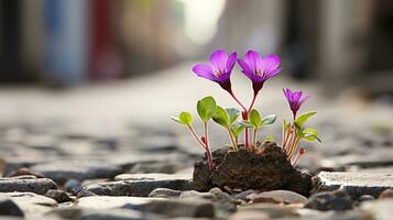 uma pequeno roxa flor crescendo Fora do uma orifício dentro a terra generativo ai foto