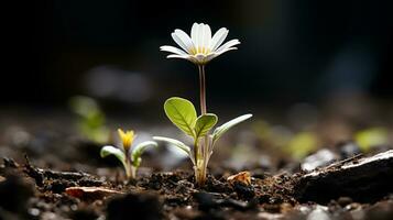 uma pequeno branco flor é crescendo Fora do a terra generativo ai foto