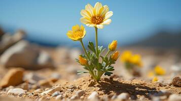 uma pequeno amarelo flor crescendo Fora do a terra generativo ai foto