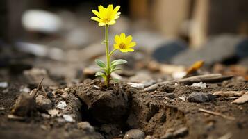 uma pequeno amarelo flor é crescendo Fora do a terra generativo ai foto