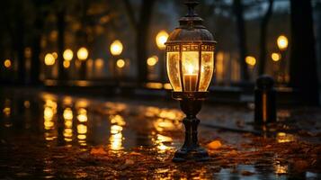 uma rua luminária é aceso acima em uma chuvoso noite generativo ai foto