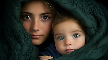 uma mulher e uma criança debaixo uma cobertor generativo ai foto