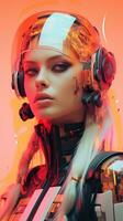 uma mulher dentro uma futurista equipamento com fones de ouvido em generativo ai foto