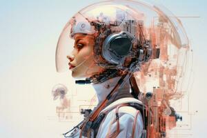 uma mulher dentro uma futurista terno com uma capacete em dela cabeça generativo ai foto
