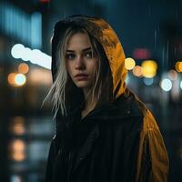 uma mulher dentro uma chuva Jaqueta em pé dentro a chuva às noite generativo ai foto