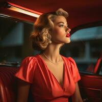 uma mulher dentro uma vermelho vestir sentado dentro a costas assento do a velho carro generativo ai foto