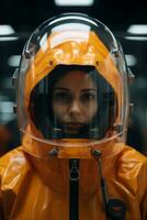 uma mulher dentro a laranja espaço terno generativo ai foto