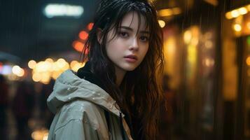 uma mulher dentro a chuva em pé em uma rua às noite generativo ai foto