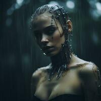 uma mulher dentro a chuva com correntes por aí dela pescoço generativo ai foto