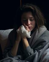 uma mulher é sentado em uma cama com uma lenço de papel dentro dela mão generativo ai foto
