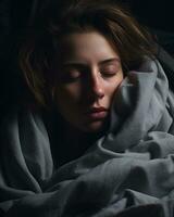 uma mulher é dormindo debaixo uma cobertor dentro uma Sombrio quarto generativo ai foto