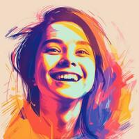 uma mulher é sorridente dentro frente do uma colorida fundo generativo ai foto