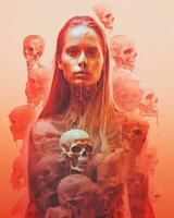 uma mulher é cercado de crânios dentro a laranja e vermelho fundo generativo ai foto