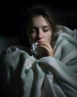 uma mulher é embrulhado dentro uma cobertor generativo ai foto