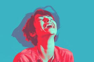 uma mulher rindo dentro frente do uma azul fundo generativo ai foto
