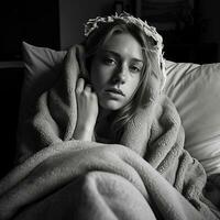 uma mulher deitado dentro cama embrulhado dentro uma cobertor generativo ai foto