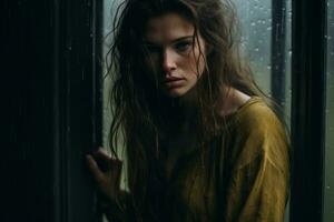 uma mulher em pé dentro frente do uma janela dentro a chuva generativo ai foto