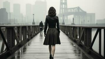 uma mulher caminhando em uma ponte sobre uma rio com uma cidade dentro a fundo generativo ai foto