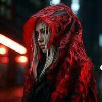 uma mulher vestindo uma vermelho encapuzado casaco dentro a cidade às noite generativo ai foto