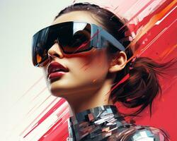 uma mulher vestindo oculos de sol e uma futurista equipamento generativo ai foto