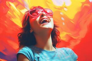uma mulher vestindo oculos de sol e rindo dentro frente do uma colorida fundo generativo ai foto