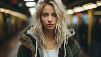 uma mulher com Loiras cabelo em pé dentro frente do uma metrô trem generativo ai foto