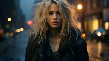 uma mulher com Loiras cabelo em pé dentro a meio do uma cidade rua às noite generativo ai foto