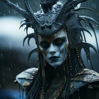 uma mulher com azul e Preto Maquiagem em dela face dentro a chuva generativo ai foto